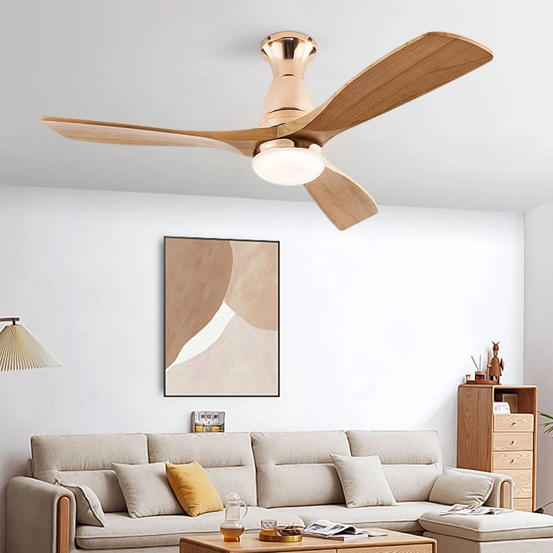 European Style Wooden Ceiling Fan with LED Light and Remote Control Silent Copper Motor, 6-Speed for living room bedroom