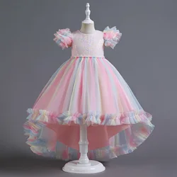 Girls Party Dresses 4 Colors 110cm-160cm Wedding Dress 3Y-12Y Birthday Trailing Skirt Pink Children Ball Gown Baby Vestidos