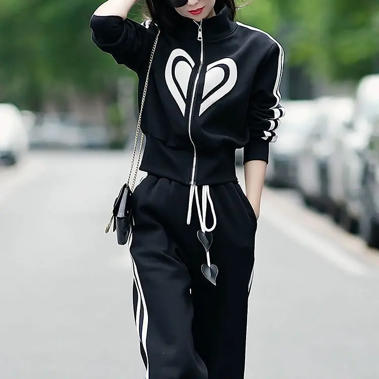 Spring New High Quality Stand Up Neck Zipper Top Coat Wide Leg Pants Two Piece Fashion Casual Sports Set for Women