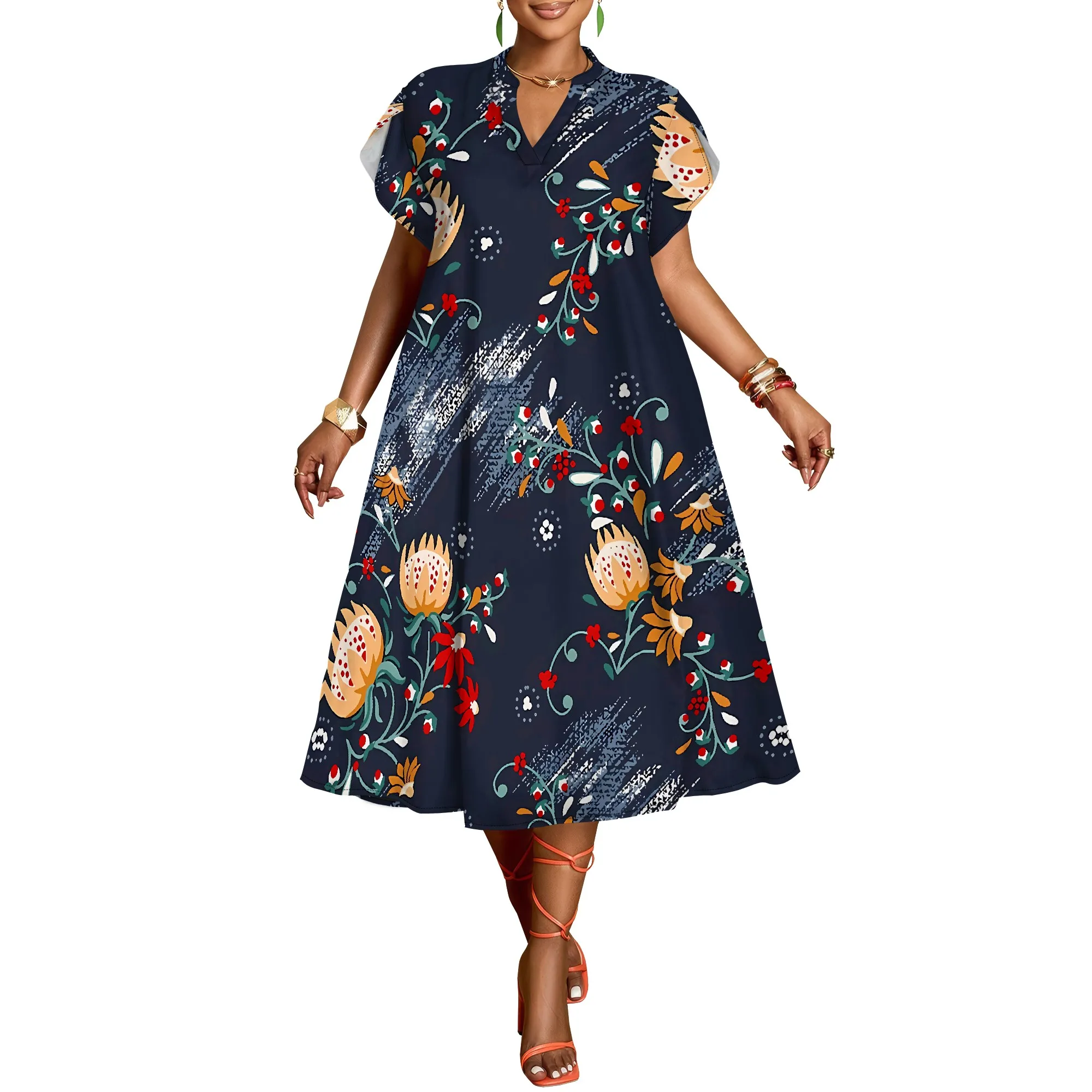 Nupusa Floral & Stripe Print Dress for Women Regular Size Summer Casual V Neck Short Sleeve Midi Dress