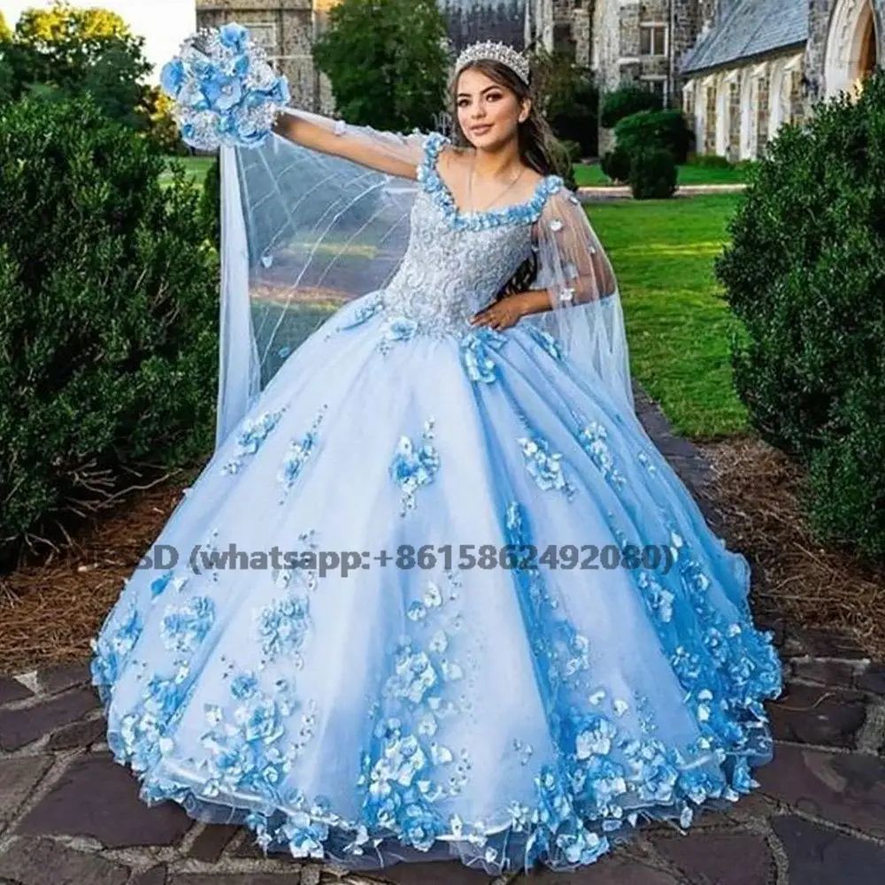 Vestido De baile De quinceañera con flores hechas a mano, azul cielo, espalda abierta, chal, apliques De encaje, hombros descubiertos, 15 años