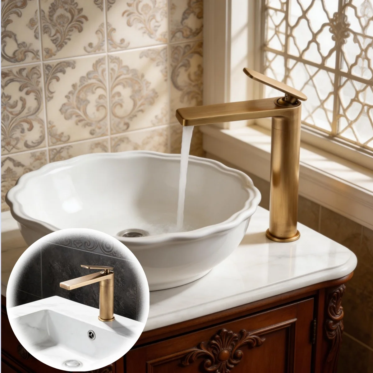 

Антикварный бронзовый смеситель для раковины в ванную комнату, для горячей и холодной воды, настольный монтаж