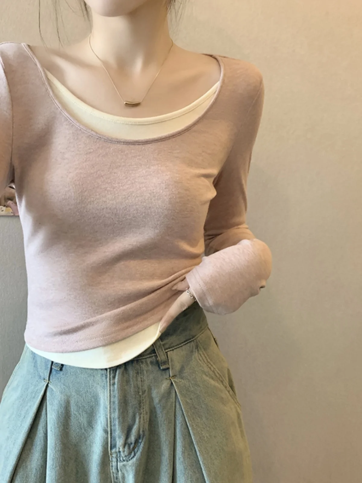 Pink Short Sleeve U-Neck Long Sleeve T-Shirt Women's Slim Fit Base Shirt Spring Season Inner Wear Creative Pattern Splice Sle