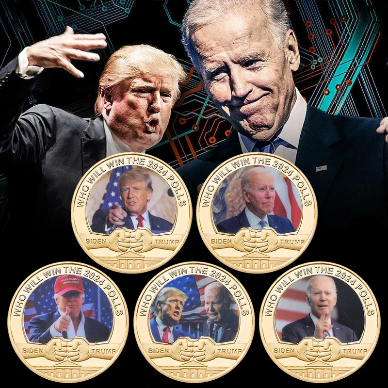 The US President Gold Plated Commemorative Coin Biden VS Trump Who Will Win The 2024 Polls Challenge Coin Keychain Souvenir Gift