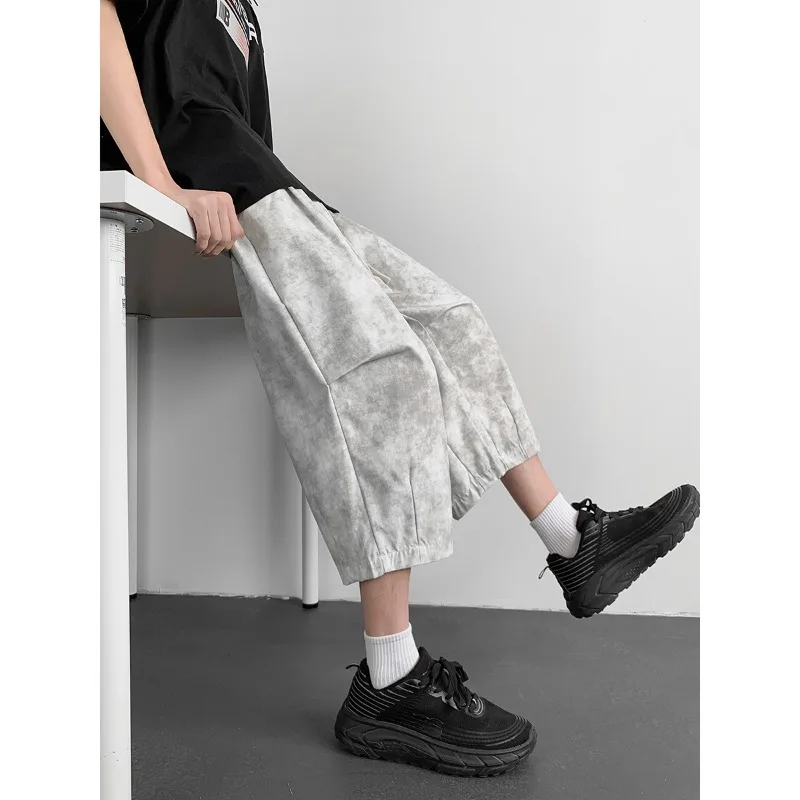 Washed Gradient Tie Dye 7 Point Pants Men Harajuku Loose Wide Leg Capri Pants Casual Elastic Drawstring Waist Cropped Trousers
