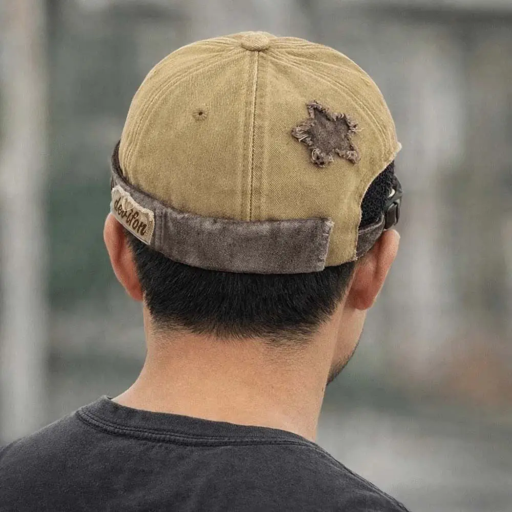 

Trendy Adjustable Washed Landlord Cap Solid Color Star Splicing Brimless Melon Hat Cotton Letter Docker Beanie Hip Hop Style