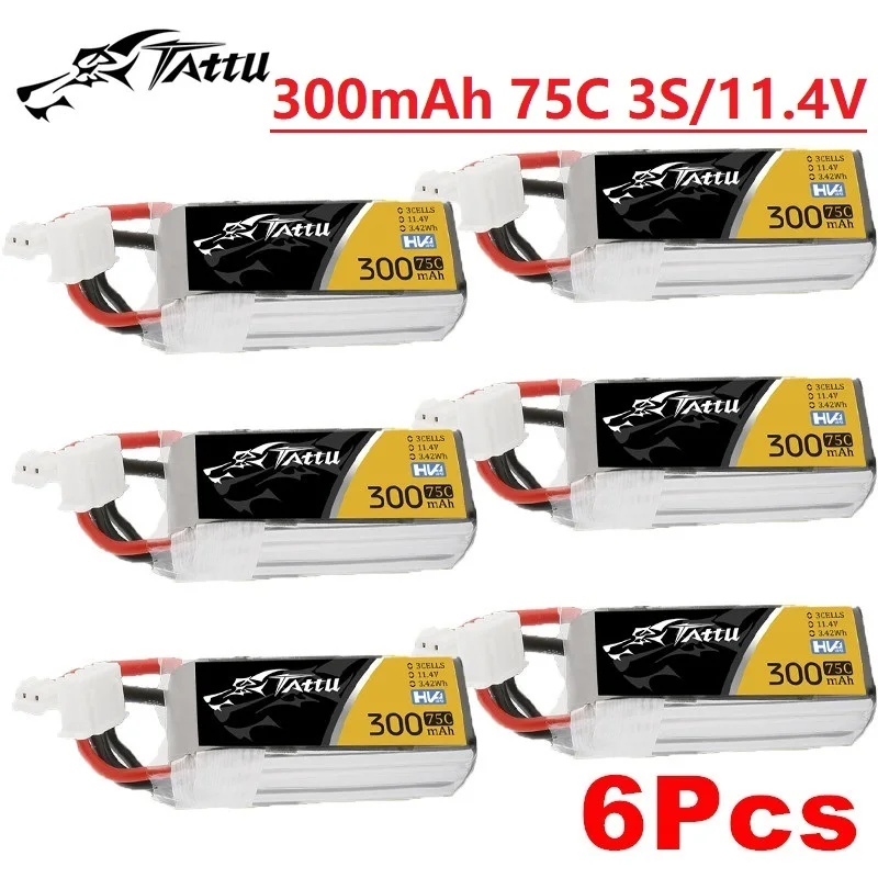 6Pcs TATTU 11.4V Lipo Battery 300mAh 75C For RC FPV Airplane Quadcopter Helicopter Drone Parts With PH2.0 Plug 3S Battery