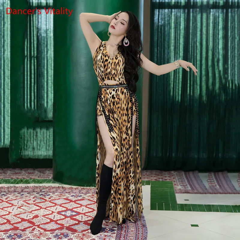 Belly Dance Dress V-Neck Leopard Print Long Skirt Performance Clothes Female Adult Elegant Split Competition Practice Clothing