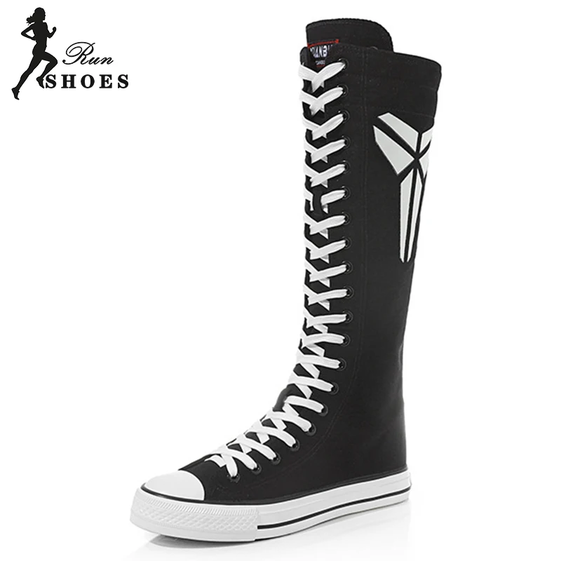 Women Knee-High Long Equestrian Boots Slim Cross-tied Luminous Fluorescent Canvas Punk Round Toe Ladies Cheerleaders Dance Shoes