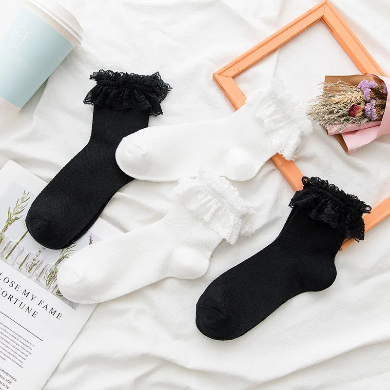 Women Socks with Ruffles Mesh Thin Lace Sweet Girls Japanese Fashion Lolita Kawaii Cute Ankle Sock Cotton Summer Thin Short Sox