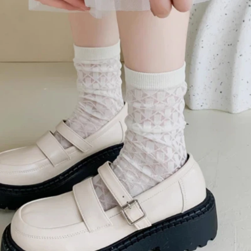 Sweet Children Dopamine Color Kids Mid-Calf Socks Style Square Mesh Breathable Fabric Elastic Soft Comfortable Lightweight Socks