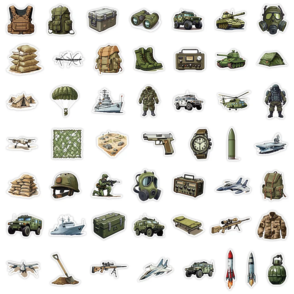 50/PCS Kreative Militär Fans Militärische Ausrüstung Wasserdichte Aufkleber Dekoration DIY Mobile Wasser Tasse Koffer Graffiti Kinder Spielzeug