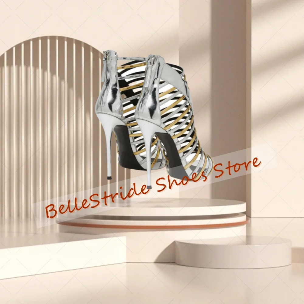 Gold Silver Hollow Out Back Zipper Sandals Patent leather Women Shoes Thin High Heels Party Banquet Dating 2025 Zapatos Para Mu