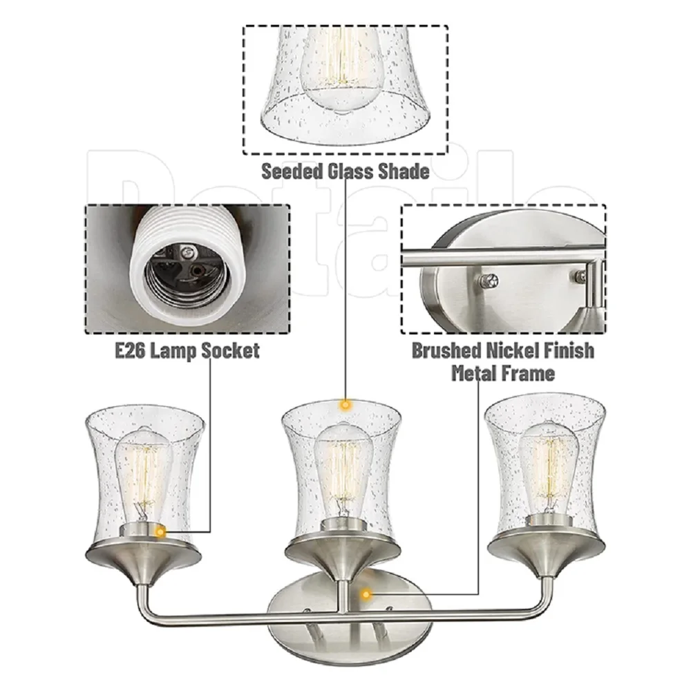 Lampu Dinding AKEZON lampu hias nikel disikat 3 lampu perlengkapan lampu kamar mandi lampu dinding dekorasi ruangan kaca