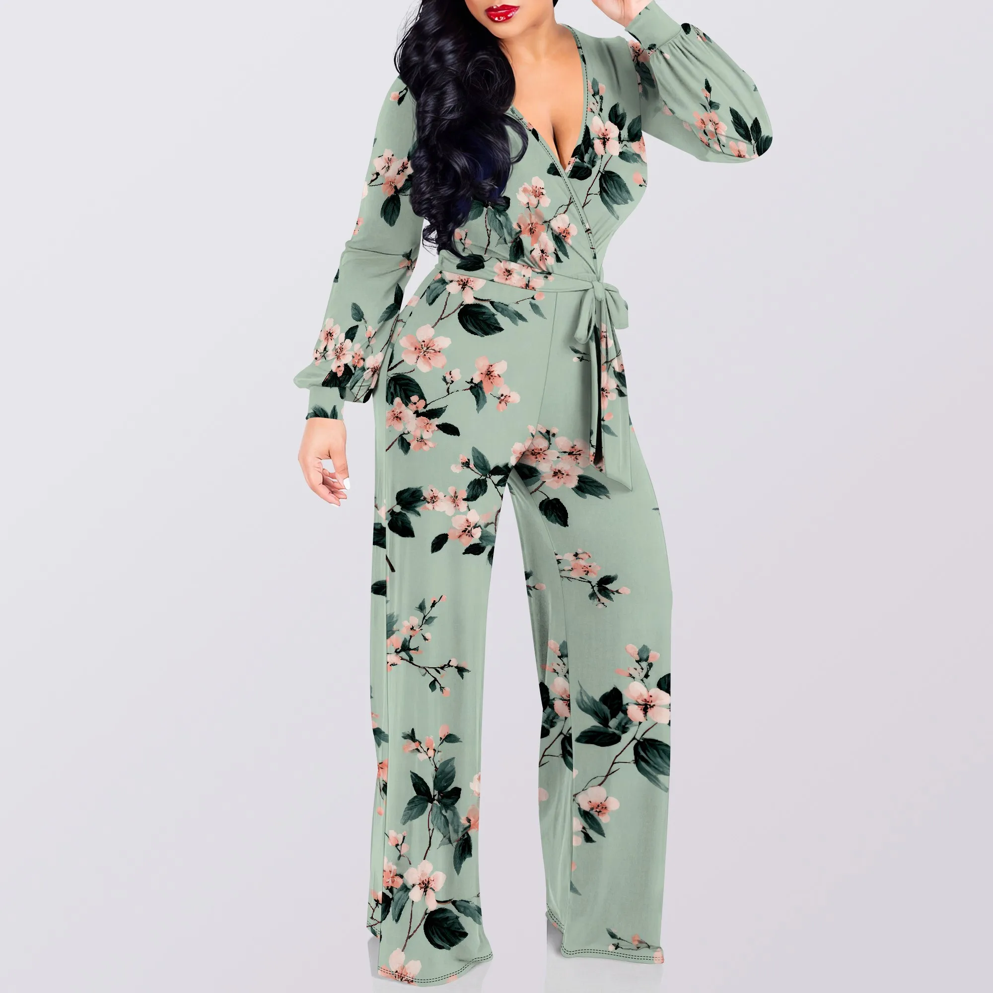 Macacões femininos elegantes negócios casual botão para baixo decote em v alça de manga comprida calças compridas retas com bolsos