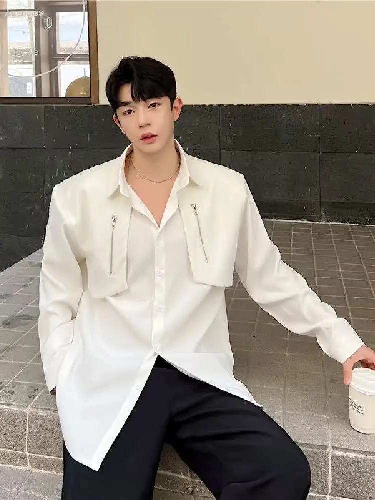 

Autumn 2023 Men's Casual Long Sve irt Personali Patch Design Loose Fit Faionable Youthful Polyester Color Woven Fabric