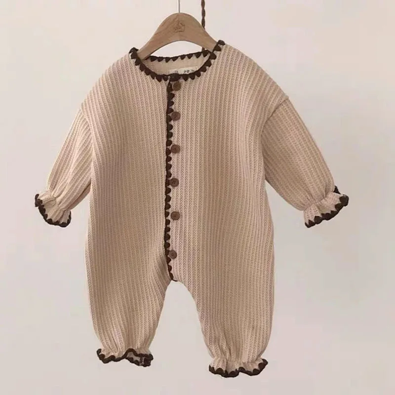 新しい女の赤ちゃんヴィンテージロンパース日本スタイル幼児ソフトコットン長袖ジャンプスーツ新生児パジャマベビーカジュアルホーム服-0-24m
