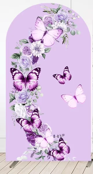 Mehofond roxo borboleta arco pano de fundo capa lavanda vestido de princesa doce 15th festa de aniversário parede arqueada decoração de flores 2 lados