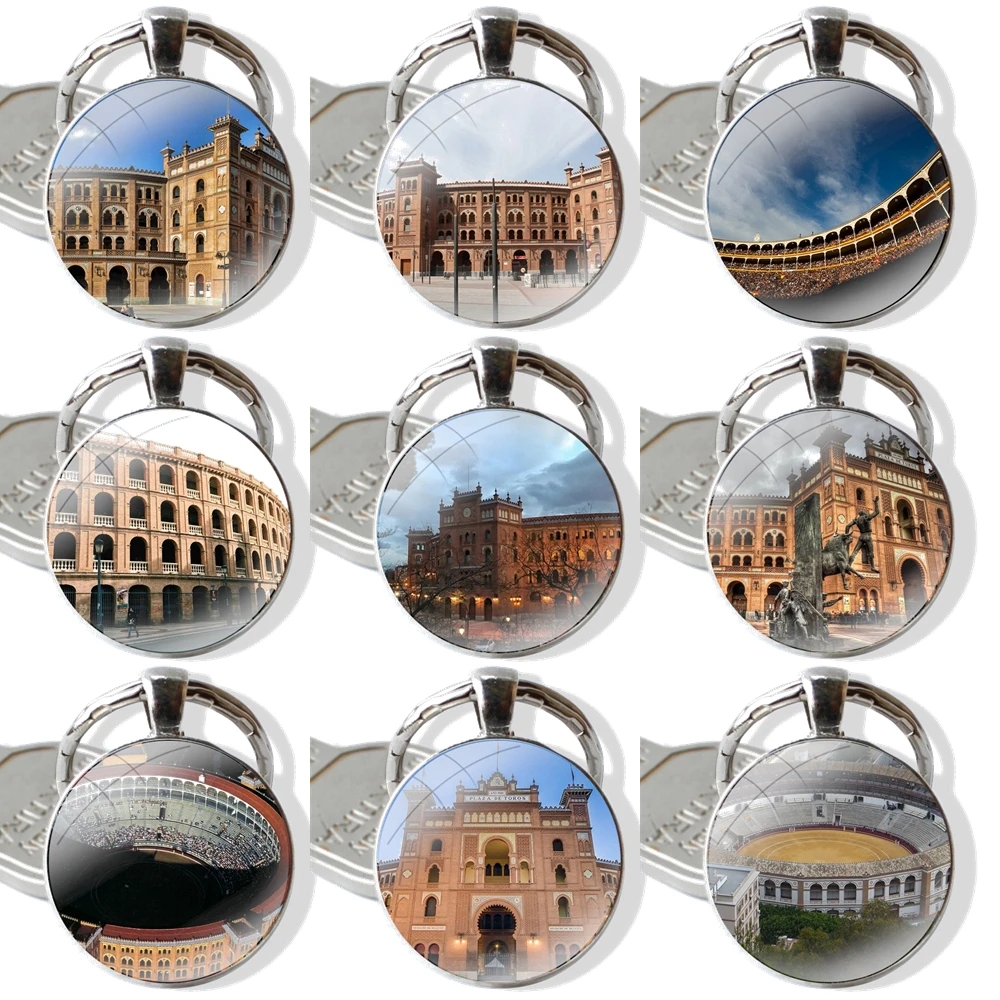 Glass Metal Pendant Key Chain Classic Men Women Key Ring Accessories Jewelry Gifts Madrid bullring Plaza de Toros