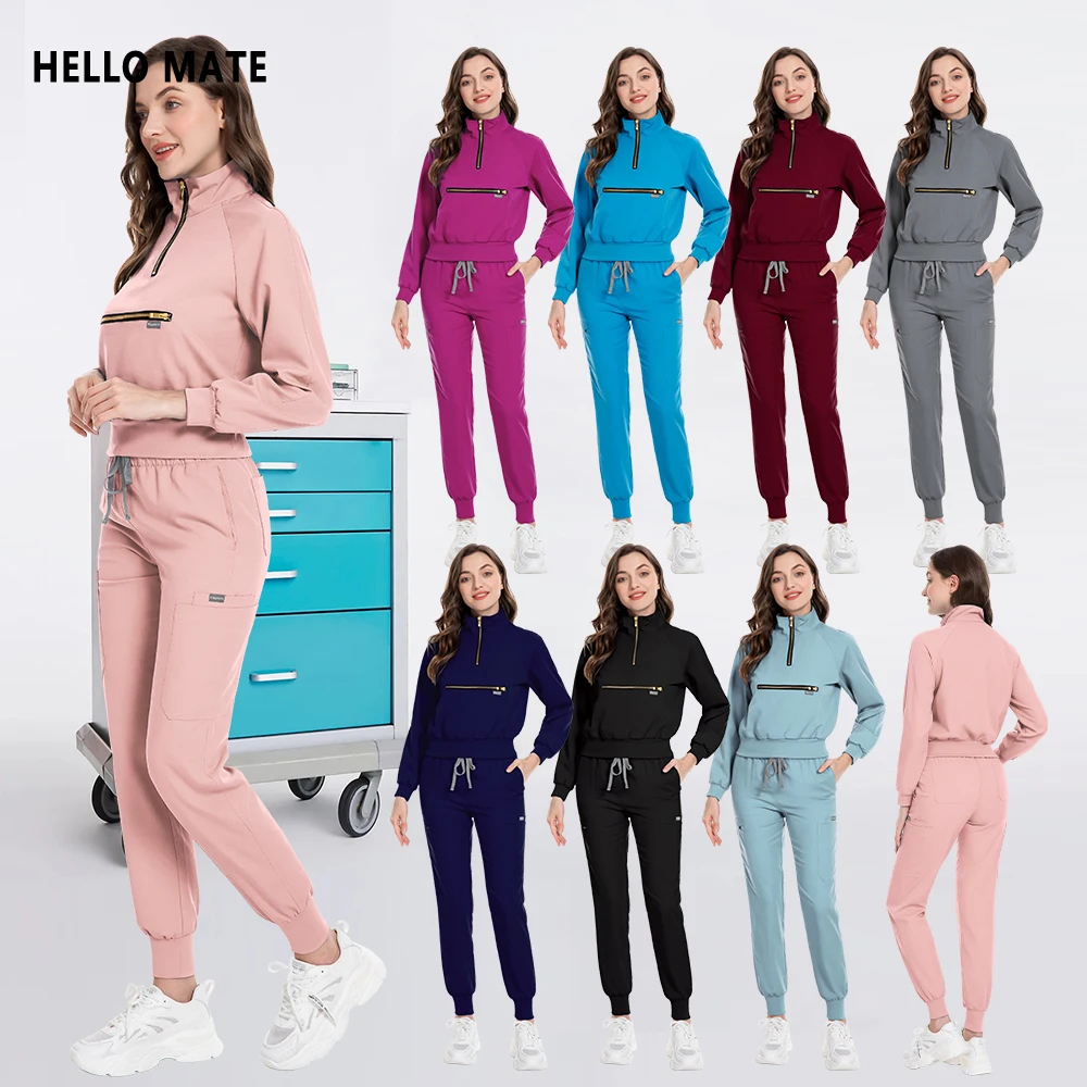 Pink Black Blue Nurse Scrubs Set Medical Surgical Uniforms Pet Hospital Long Sleeve Jogging Pants Set Dental Clinic Lab Workwear
