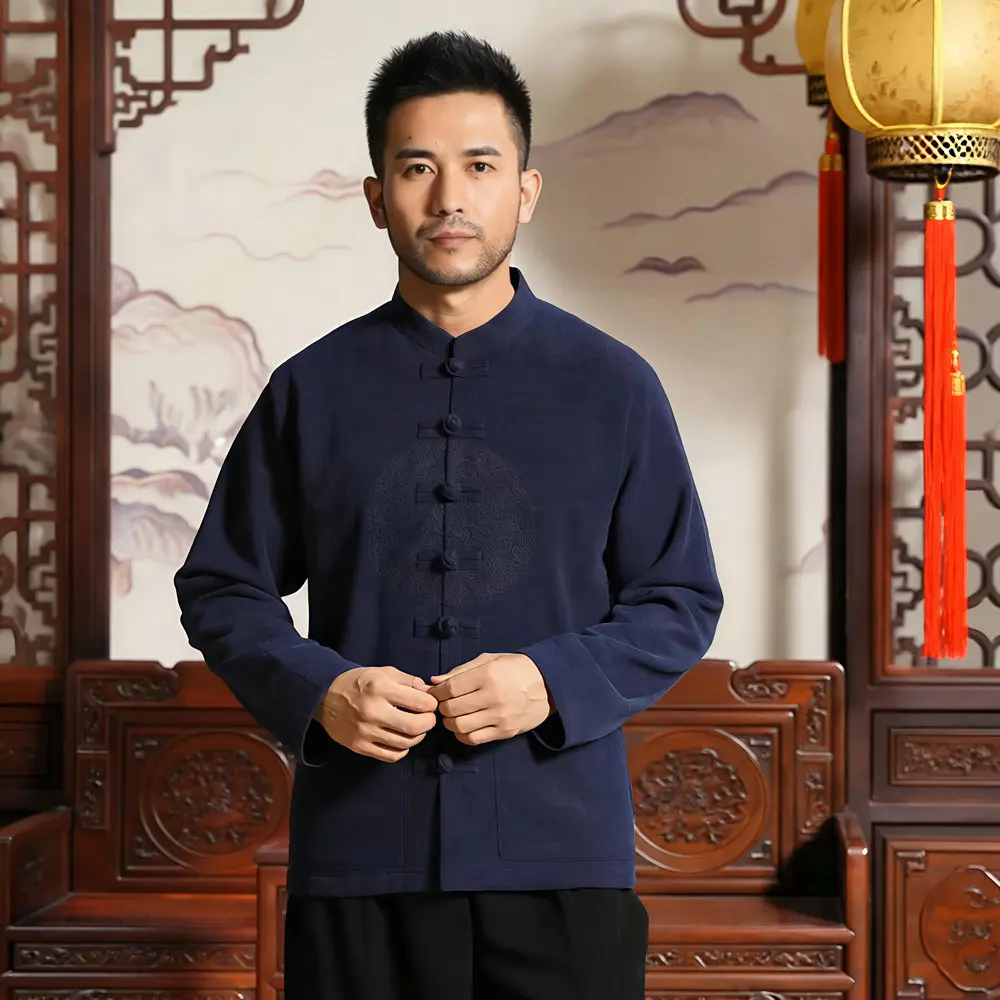 Old Money Gentlemen's Linen Jacket Men Beige Gray Navy Tang Coat Artisan Embroidery Patten Outfit Zen Style Attire Eco-friendly