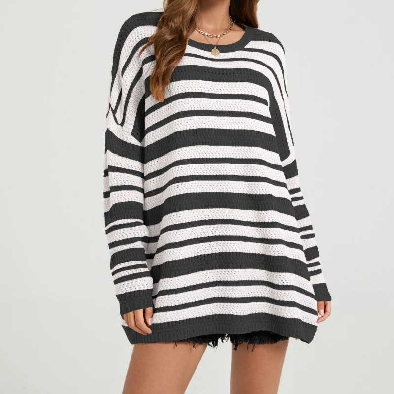 Women's Striped Knitted Babe Idyllic Crew Neck AutumnWinter Long Sleeves Contrasting Color Pullover Retro Loose Sweater