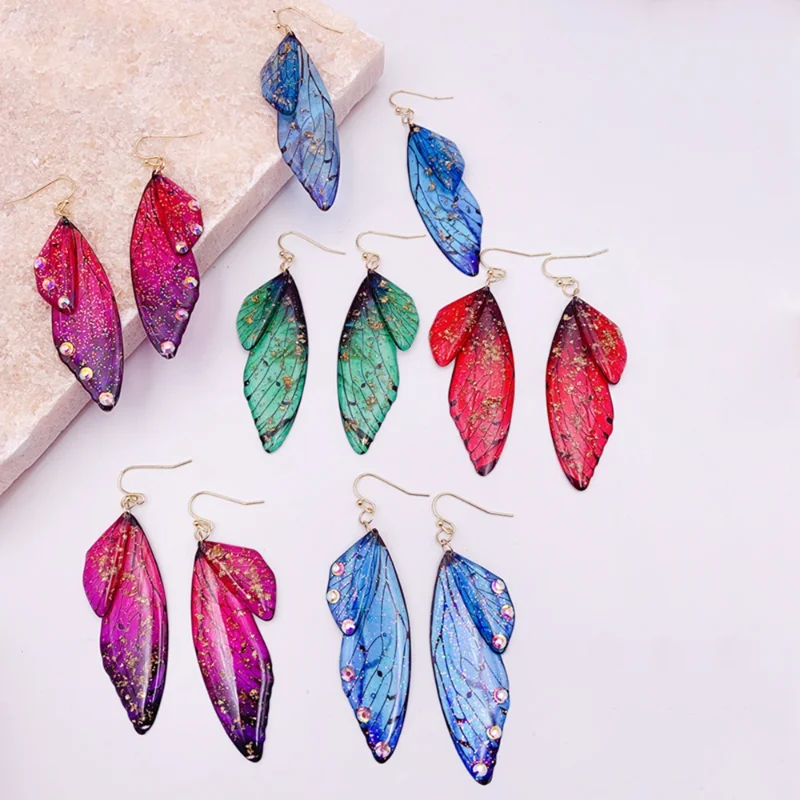 Minar Fantasy Rose Red Blue Green Color Resin Simulation Wings Long Drop Earrings for Women Rhinestone Flake Butterfly Earring