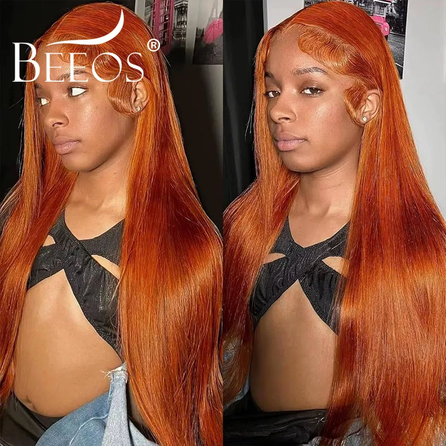 250% Orange Ginger Straight 13X6 HD Transparent Lace Front Wig Human Hair Deep Part Pre Plucked Hairline Colored Brazilian Hair
