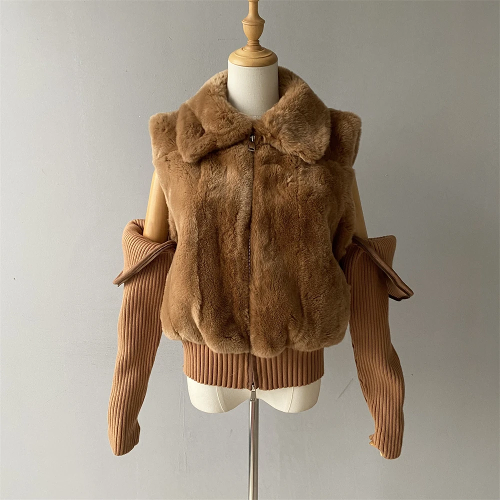 Jxwatcher Real Rex Rabbit Fur Coat for Women 2025 Winter Warm Fur Jacket Knitted Sleeves Can Removable Design New In Outerwear