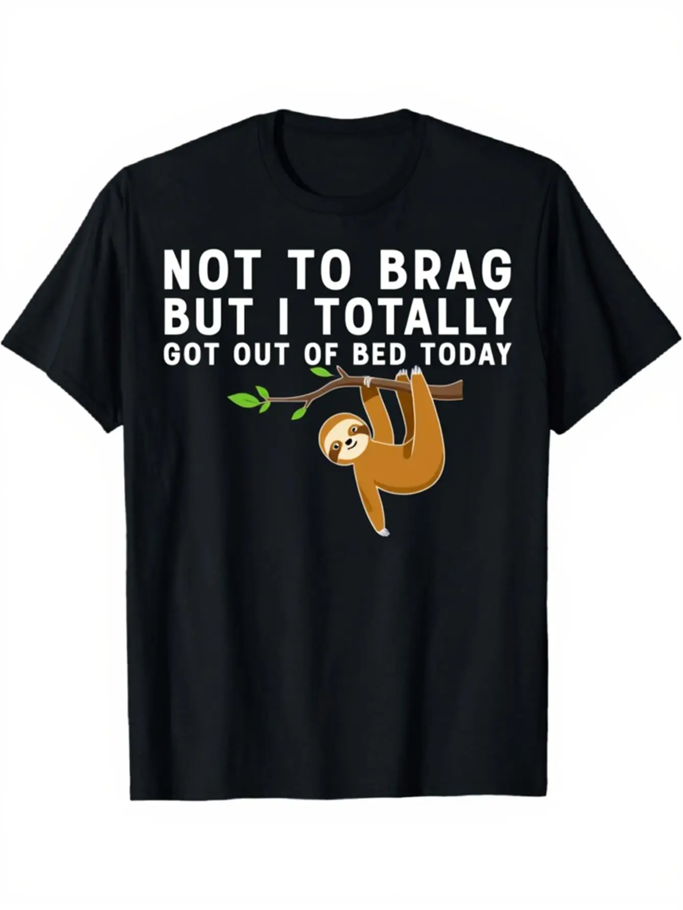 Funny Men's Black Graphic T-Shirt Sloth Hanging on Tree Branch Not to Brag but I Totally Got Out of Bed Today Bold Letter Print 100% Cotton Heavyweight Short Sleeve Casual Streetwear Tee