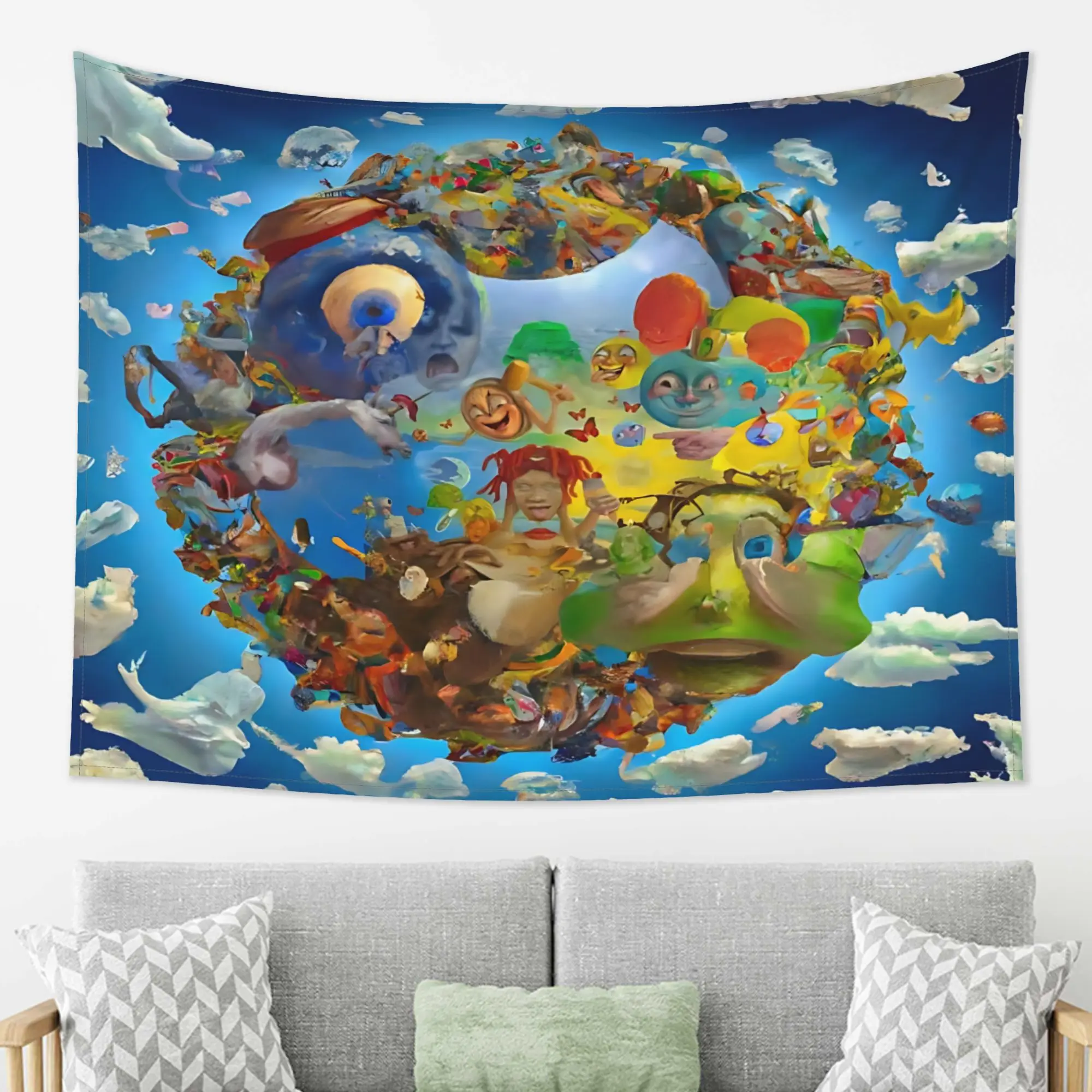 1pc Trippy Surreal Collage Tapestry Cloud Sky Weirdcore Distorted Face Art Wall Hanging cool room stuff aesthetic room decor