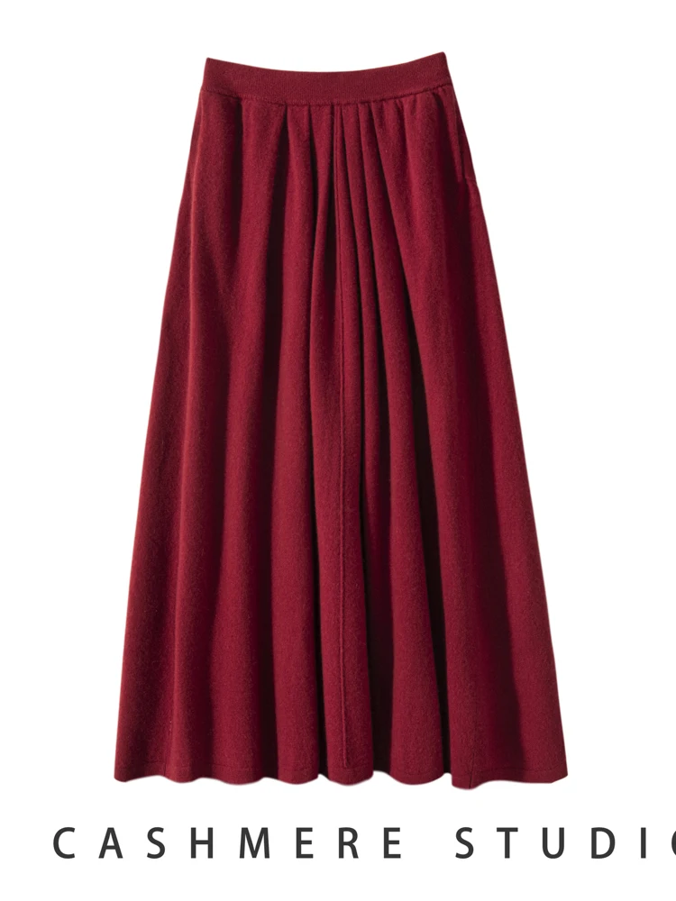 

Autumn Winter Women’s Cashmere Skirts Elastic Waist A-Line Office Lady 100% Cashmere Knitwear Vintage Pockets High Quality Dress