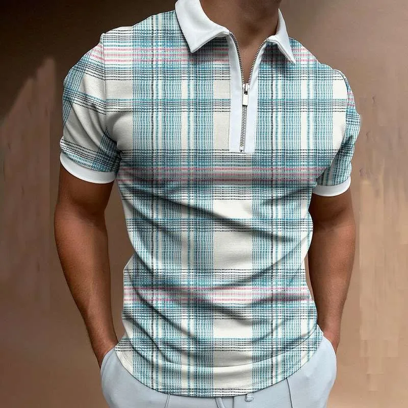 

Summer New Men's Geometric Pattern Casual Zipper irt ort Sve Waist-Cinching Artificial Cotton T-irt for Men