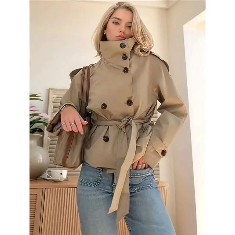 Imagen 5: ABRT - Gabardina Corta para Mujer, Estilo Trench, Doble Botonadura, Cuello Alto, Abrigo de Otoño e Invierno, Atuendo Moderno con Cinturón