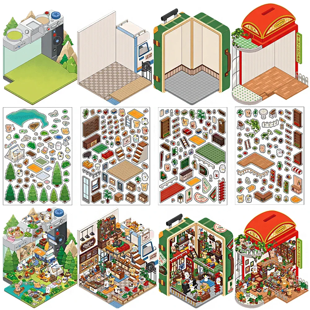 Cartoon Travel Diary Landscape Sticker 2.5D Cabin Scene DIY Toy Game Sticker Festival Birthday Gift for Kid Child Girl