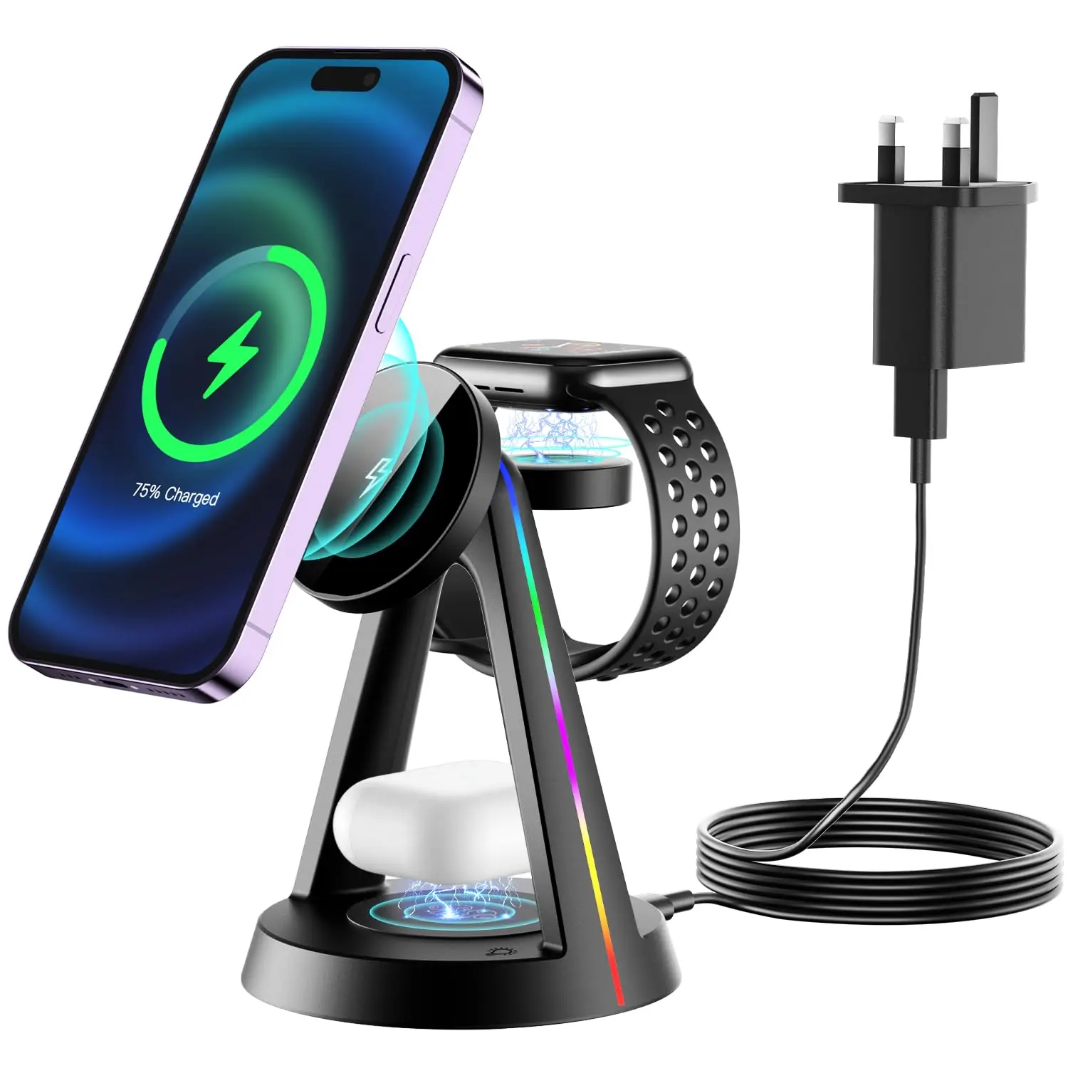 

3-in-1 Fast Wireless Charging Stand With RGB Light Wireless Charger for Mobile Phone Earphone and Watch