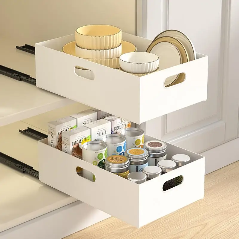Kitchen Cabinet Pull out Drawer Organizer Rack Shelf Utensils Storage Box Corner Basket Track System Plastic Material