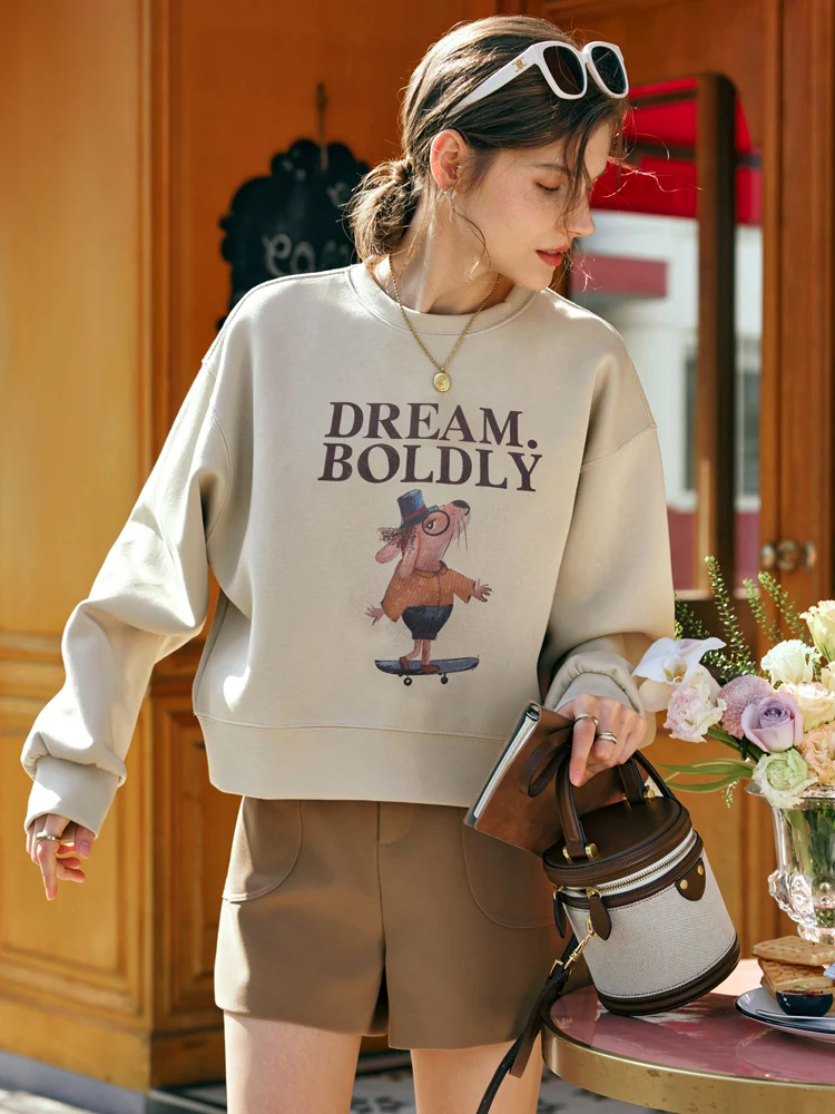 OLrain 아메리칸 2025 가을 스웨트셔츠 레트로 프린팅 O넥 여성 풀오버 신상 소형 니트 여성 상의 O24CR89002