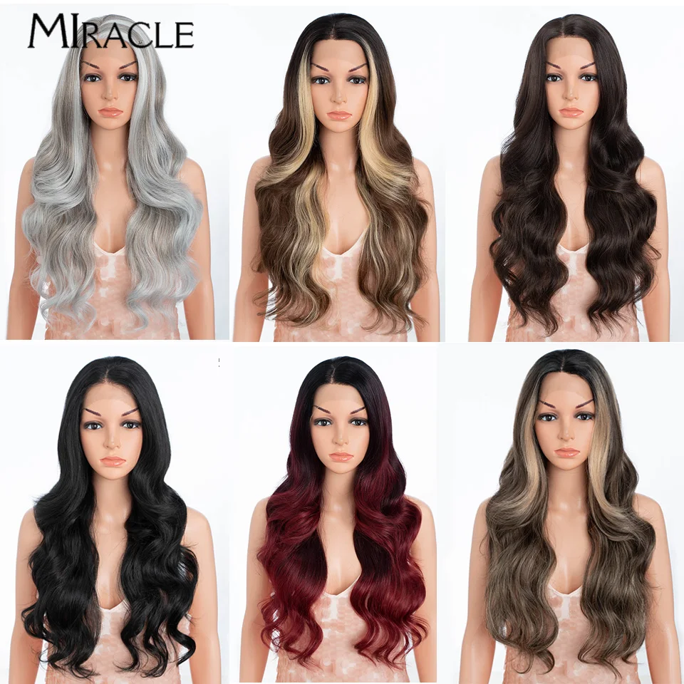 MIRACLE 13X4 Synthetic Lace Front Wig Cosplay Body Wave Lace Wigs for Women 30 Inch Wavy Female Wig Heat Resistant Fiber Hair