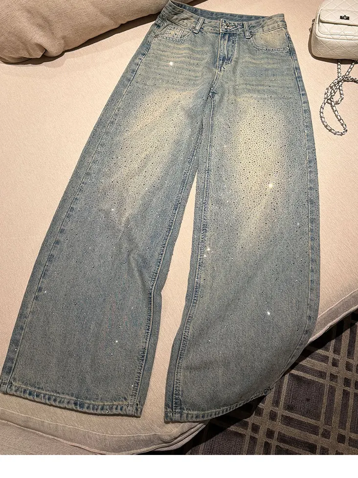 American Style High Waist Shiny Rhinestone Wide Leg Jeans Women's New plus Size Loose Straight Cut Trousers Casual Denim