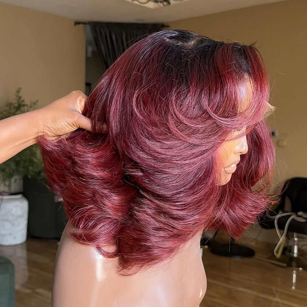 بورجوندي شفاف الدانتيل أمامي خصلات الشعر المستعار الإنسان 400 الكثافة غلويليس 1B/الأحمر 99J الجسم موجة خصلات الشعر المستعار الإنسان للنساء 10-18 بوصة