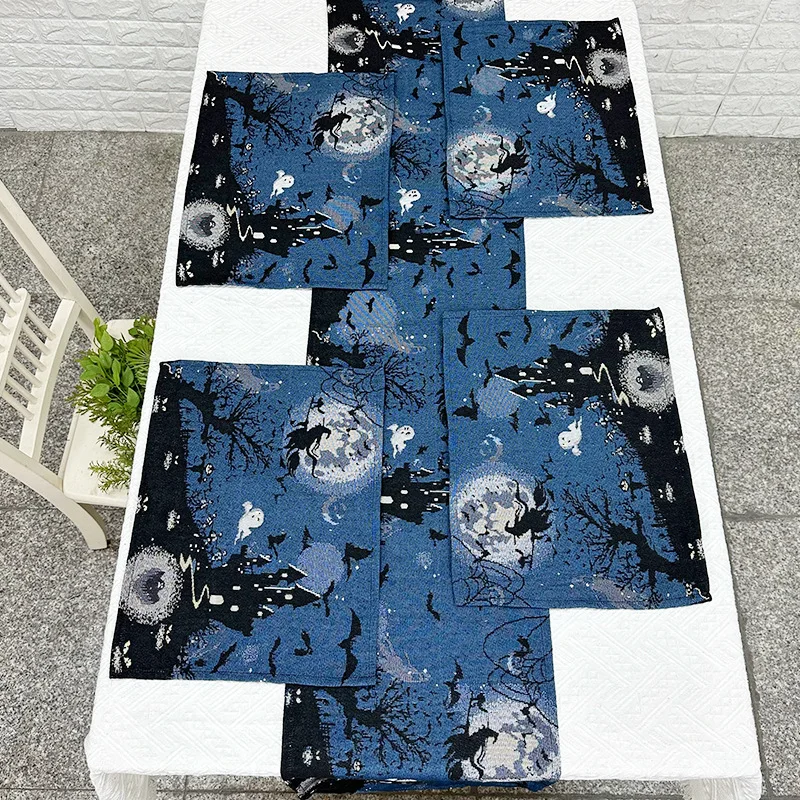 

Halloween Decoration Black Bats Pattern Table Runner Placemats Sets Kitchen Decor Linen Dining Table Tablecloth Accessories 1set