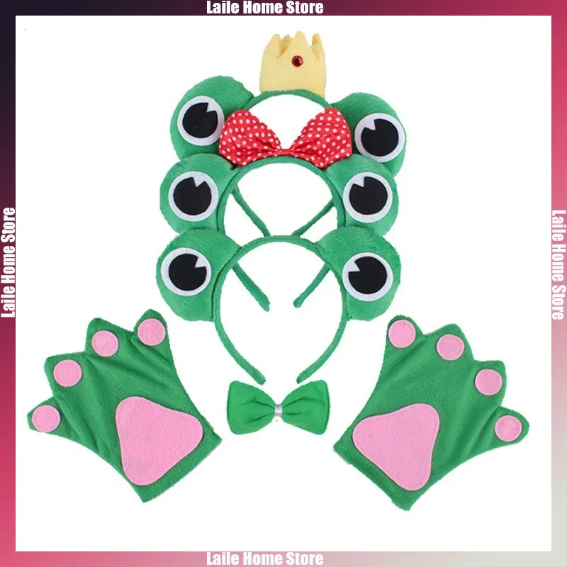 4pcs Cartoon Frog Headwear Gloves Bowtie Set Cute Animal Cosplay Decor Prop Accessories Boy Girl Party Holiday Carnival Dress Up