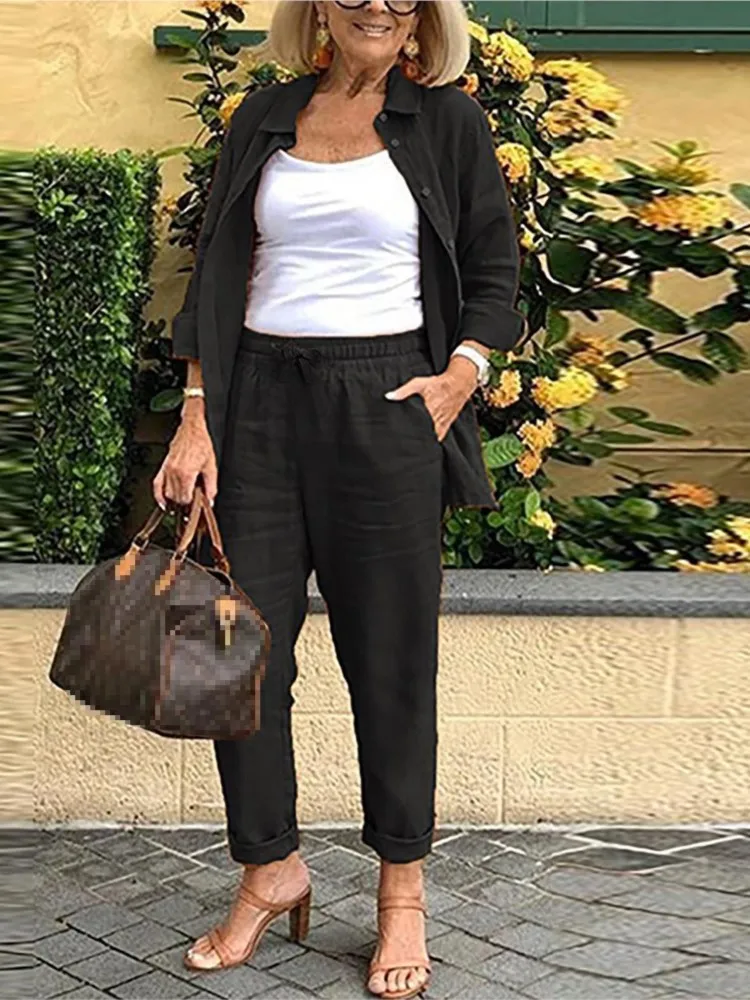 Women Fashion Pocket Cotton Linen Sets Spring Summer Loose Long Sleeve Shirt Long Pants 2 Piece Sets Casual Office Ladies Suit - Image 4