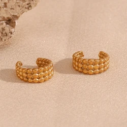 Three Row Bead C-shaped Ear Clip Water Resistant Hypoallergenic 316L Stainless Steel Fake Piercing 18K Gold Plated Jewelry