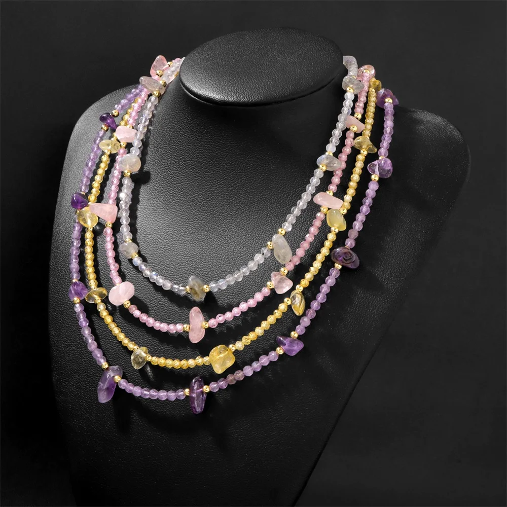 Boho 3mm Natural Amethyst Beaded Necklace Irregular Rose Quartz lapis lazuli Choker Adjustable Chain Women Fashion Jewelry Gift