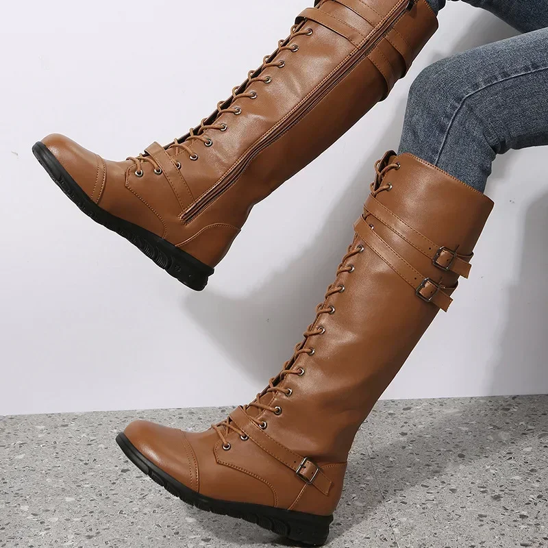 Knee High Boots Women Fashion Buckle High Tube PU Leather Boots Woman Zip Low Heels Long Botas Mujer Plus Size 43