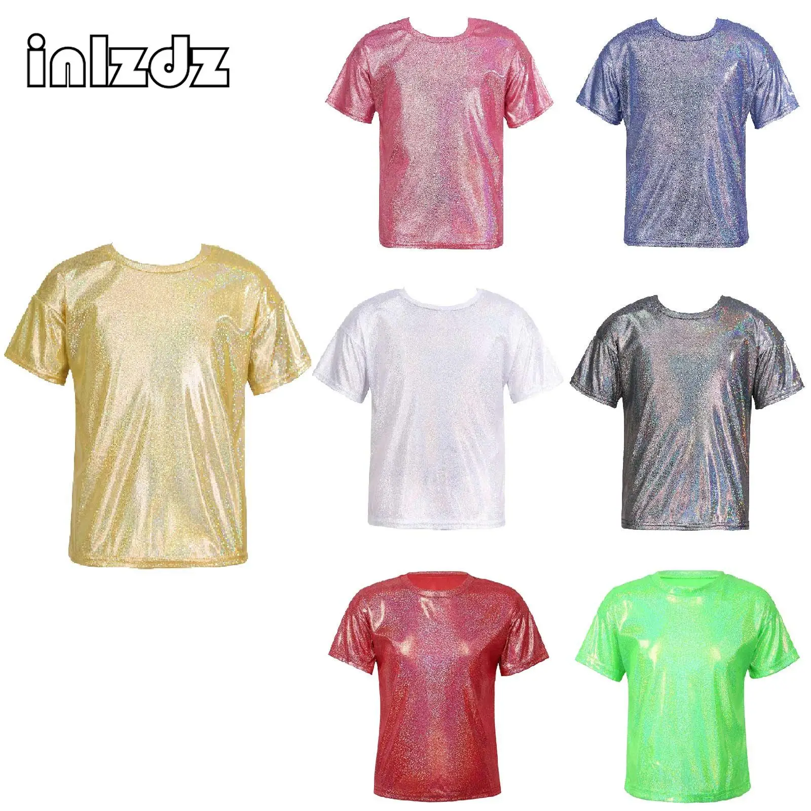 

Kids Girls Boys Shiny Metallic Dance Tops Short Sleeve Sparkly Jazz Hip Hop T-shirt for Stage Performances Shows Daily Wear