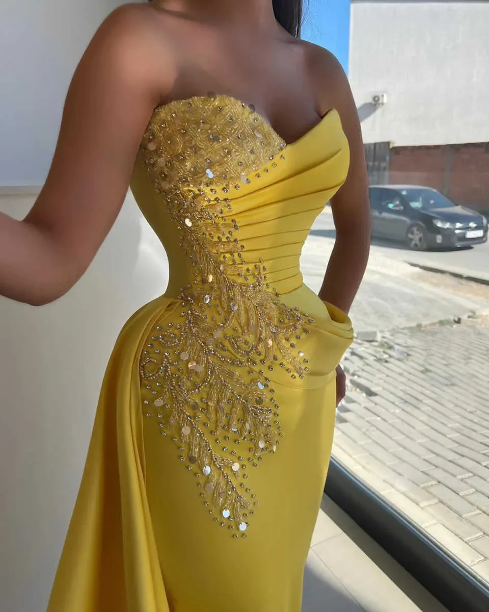 Abito da ballo a sirena giallo in raso con cristalli e paillettes, con scollo a cuore, festa formale, secondo compleanno, abiti di fidanzamento personalizzati
