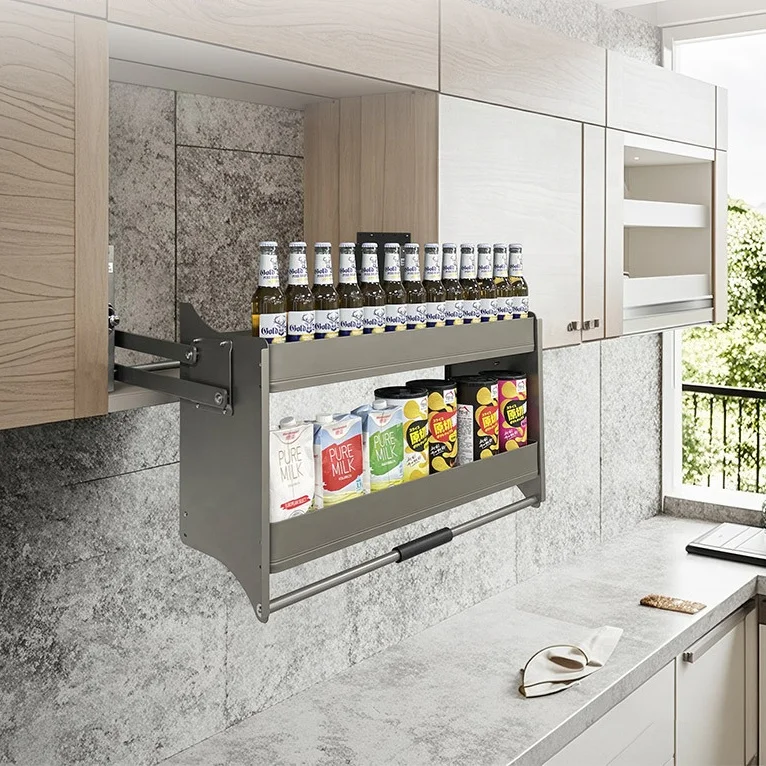 Aluminum 2-Tier Pull Down Kitchen Cabinet Basket Soft-Close Sliding Organizer 600-900mm Adjustable Lift Shelf Space Saving